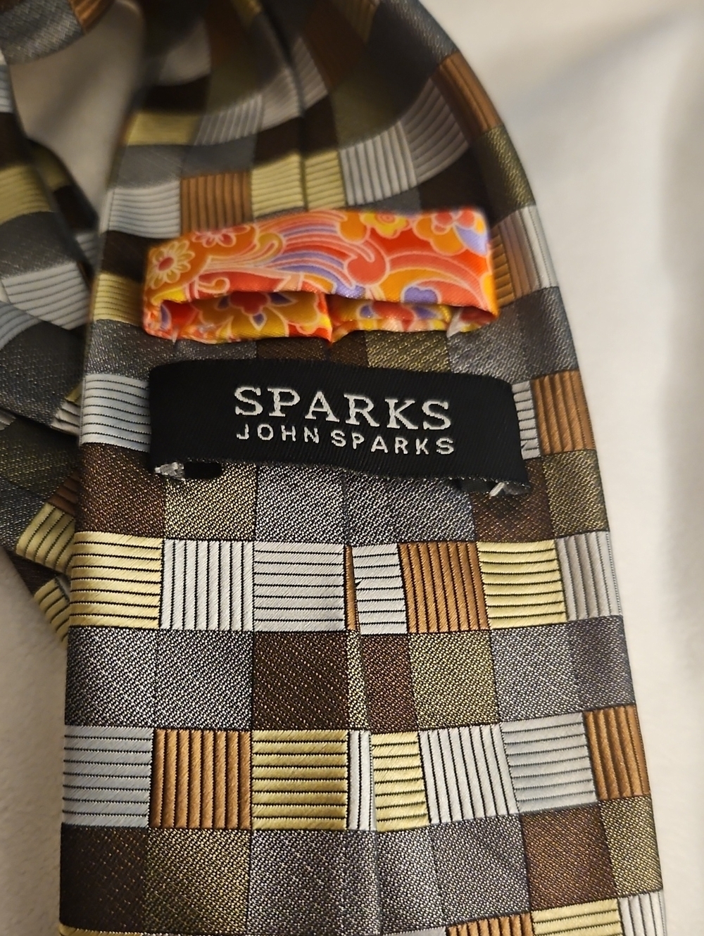JOHN SPARKS Silver Brown and Yellow Psychedelic Geometric Basketweave Tie - Picture 7 of 9